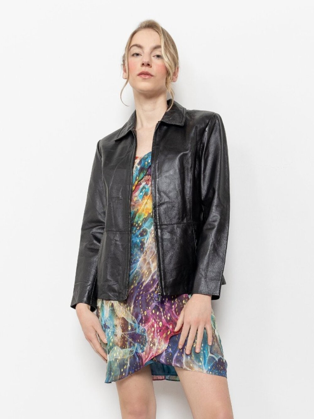 BLACK LEATHER BLAZER Vintage Zip Up Jacket Coat Woman 90's / Small Xs